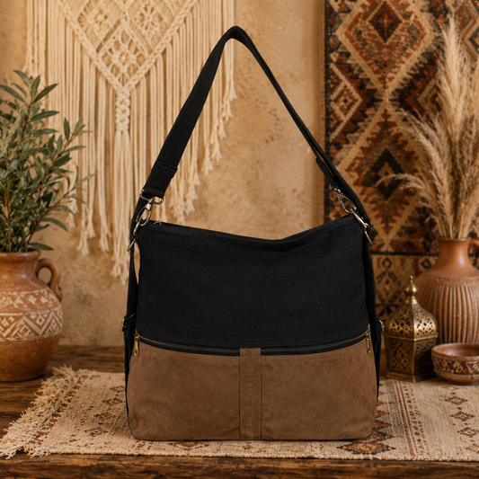 Large Linen & Suede Leather Tote Shoulder Bag