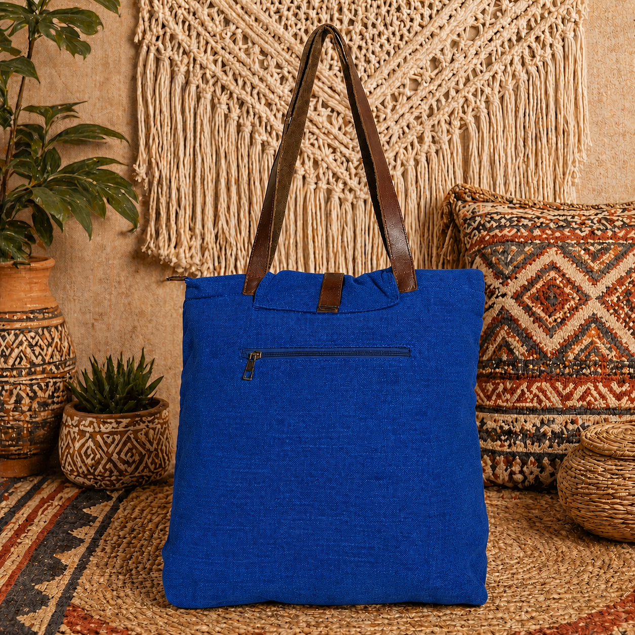 Large Linen Shoulder Tote Bag with Cargo Pocket
