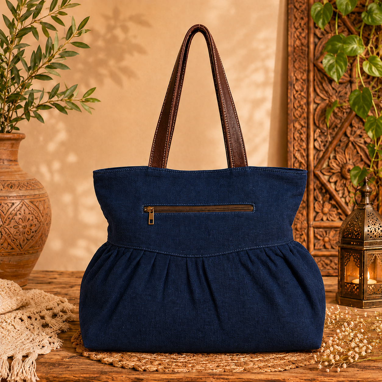 Large Linen Pleated Tote  Bag