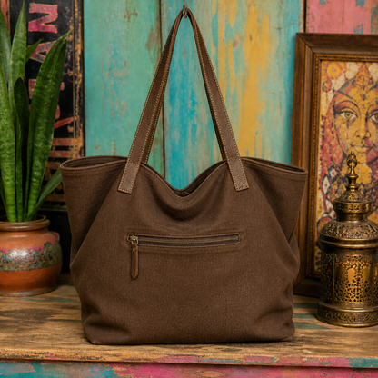 Large Linen Shoulder Tote Bag with Leather Strap
