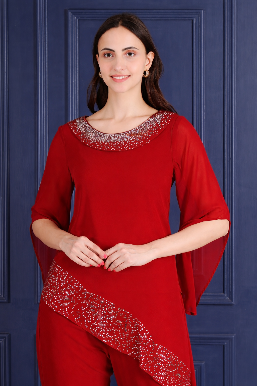 Elegant Sequins Motif Frilled Top and Co-Ord Pants for Women