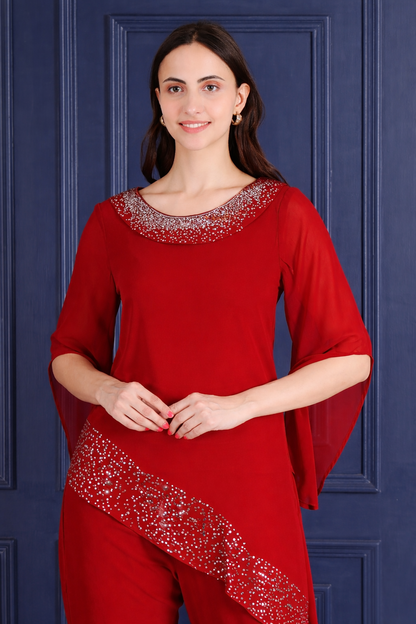 Elegant Sequins Motif Frilled Top and Co-Ord Pants for Women