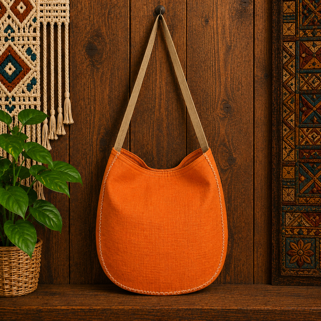 Large Linen Hobo Shoulder Bag