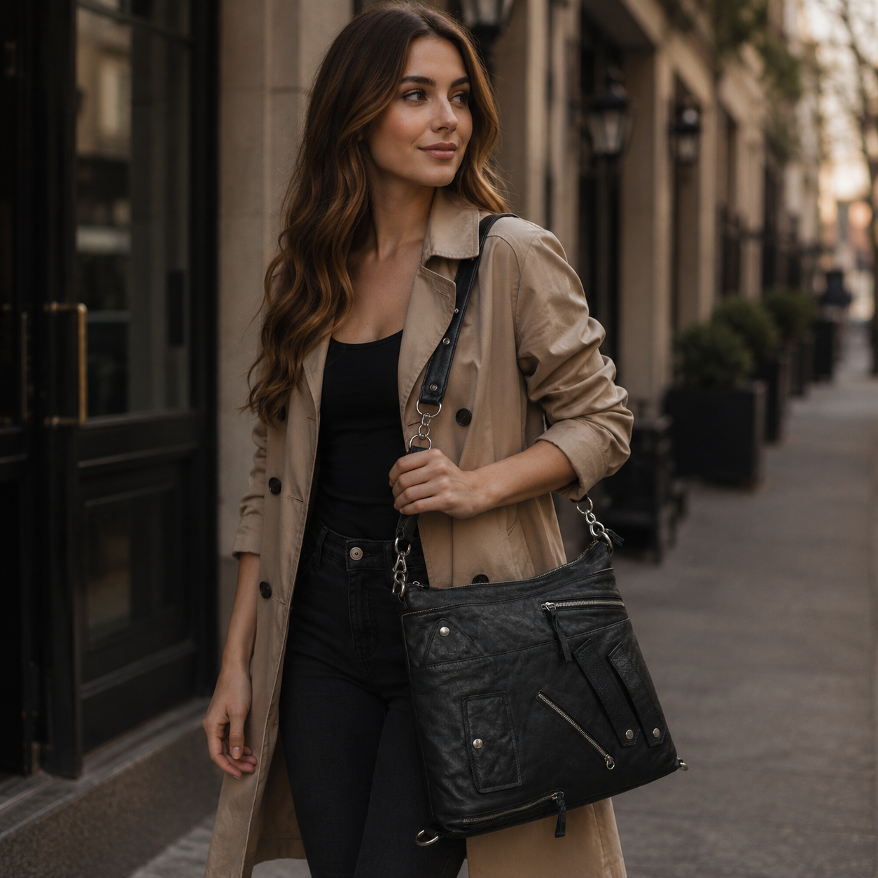 Black Leather Zipper Tote Bag