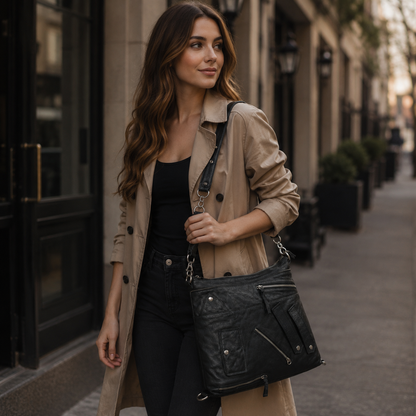 Black Leather Zipper Tote Bag