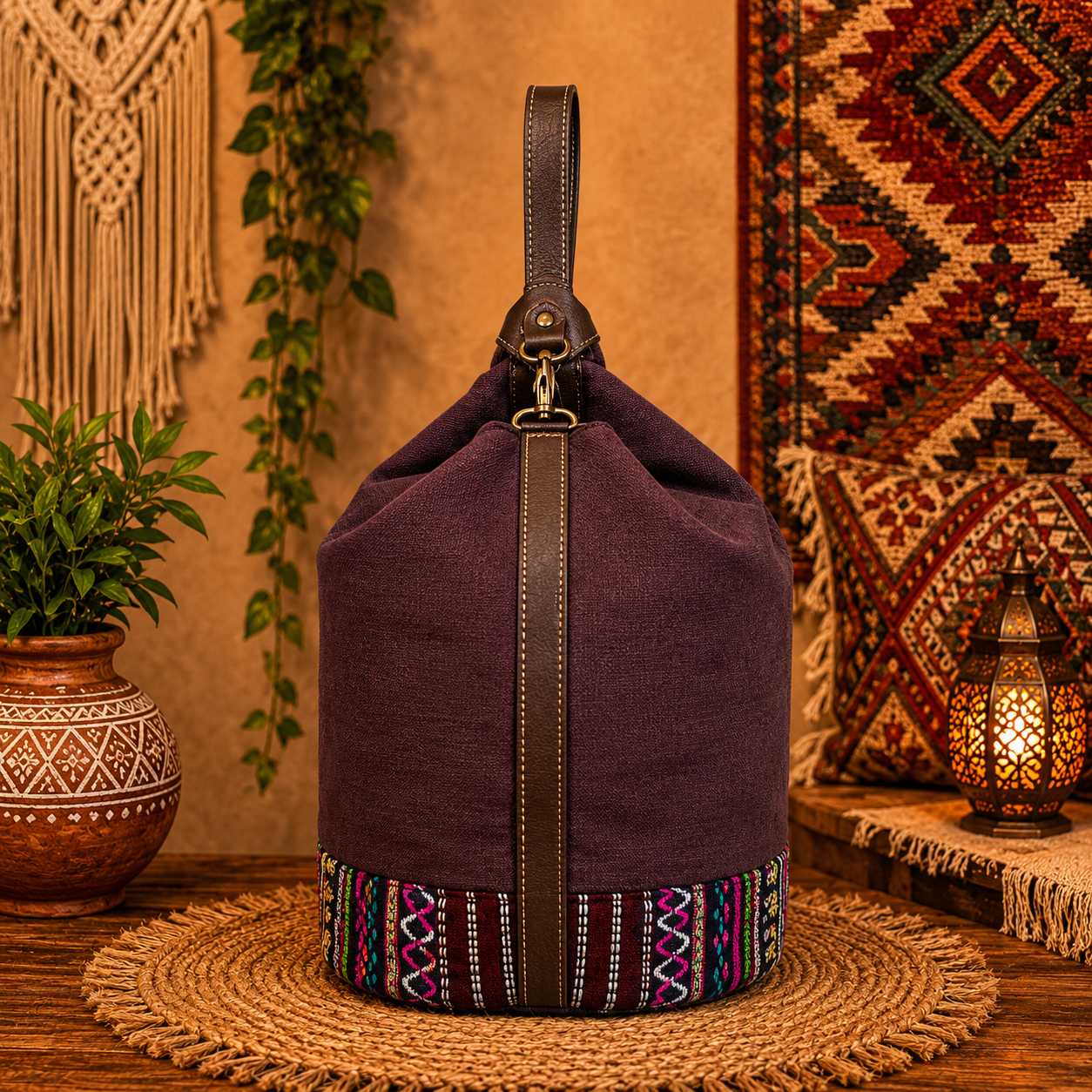 Large Linen Tote Bag with Printed Patchwork