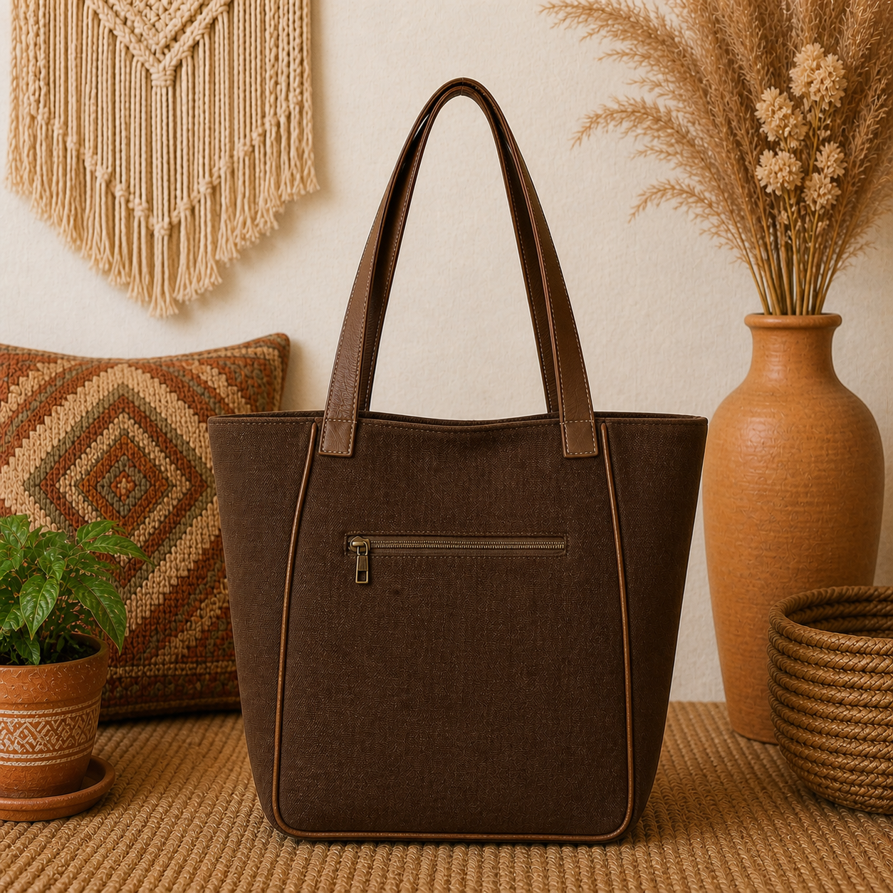 Large Linen Tote Bag with Leather Straps