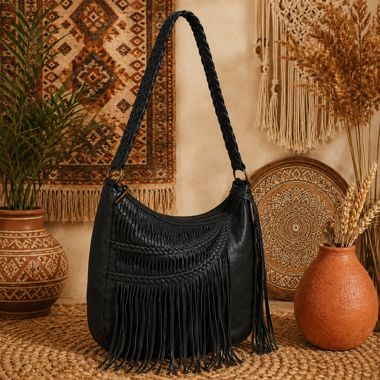 Boho Luxe: Cognac Leather Baguette Fringe Handbag