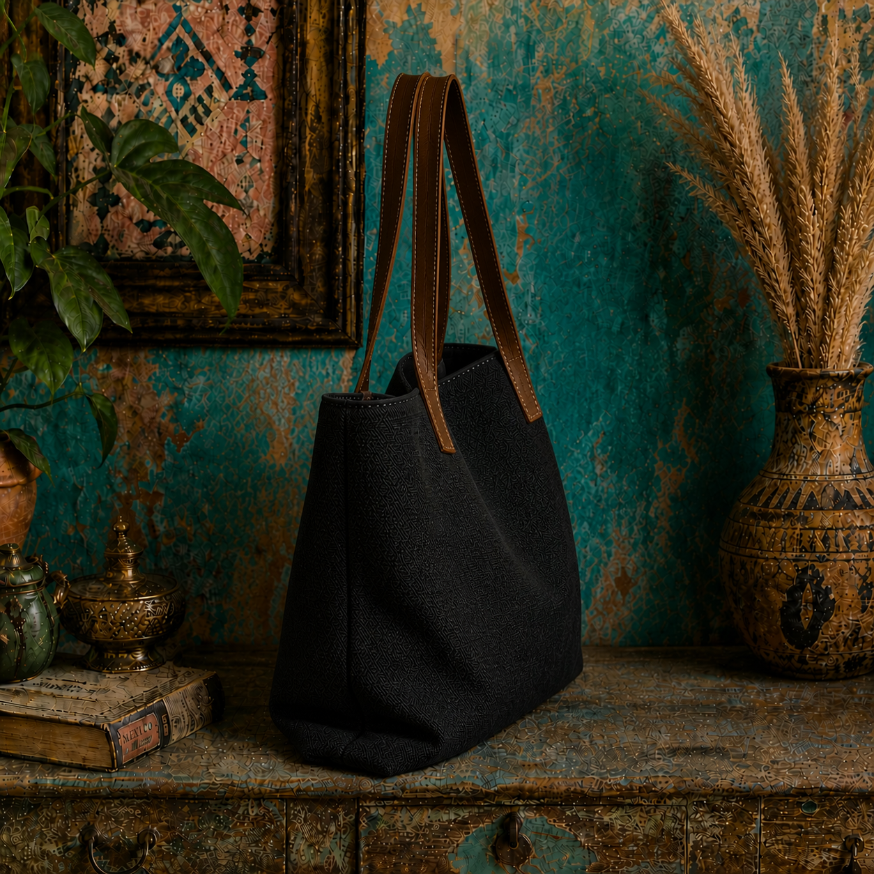Large Linen Shoulder Tote Bag with Leather Strap