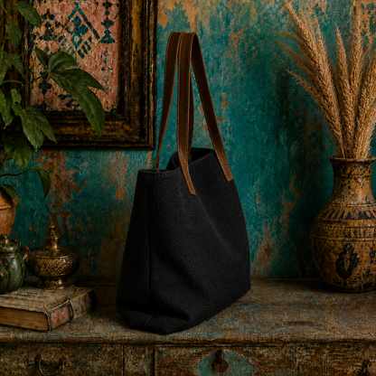 Large Linen Shoulder Tote Bag with Leather Strap