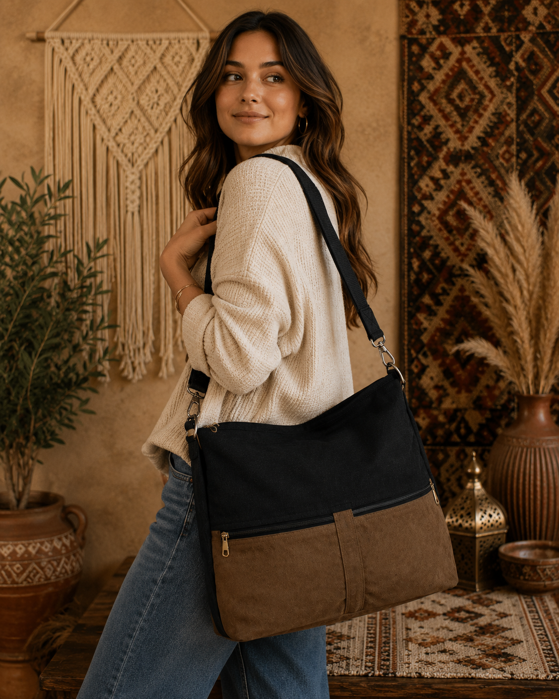 Large Linen & Suede Leather Tote Shoulder Bag