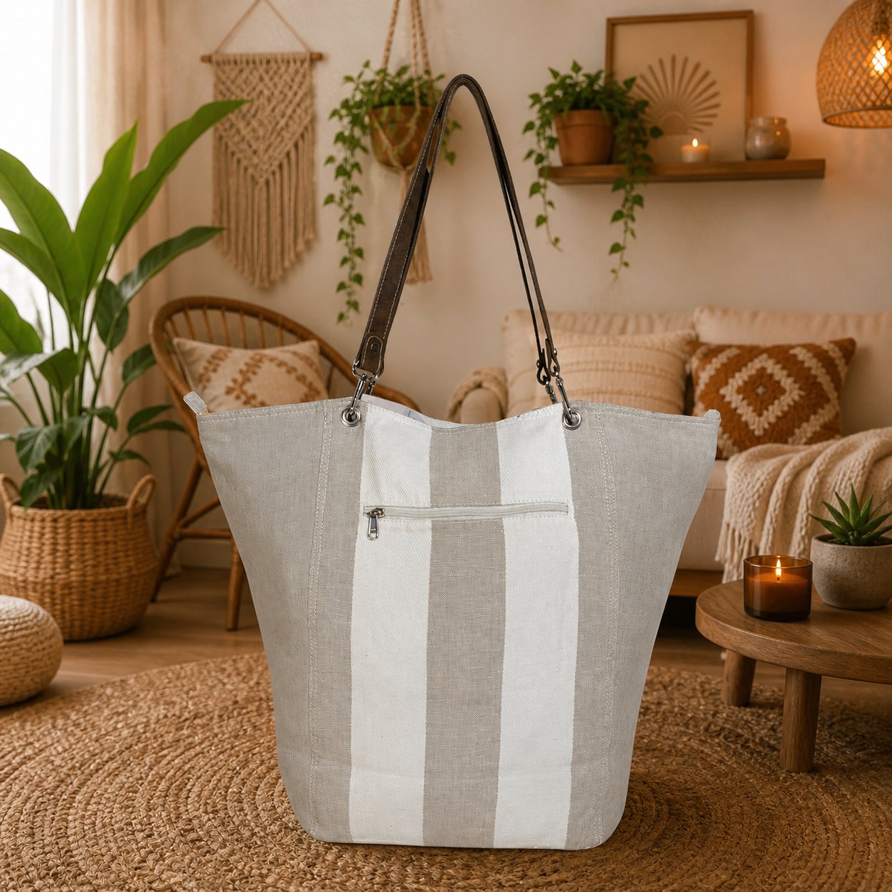 Large Linen Tote Bag with Leather Straps