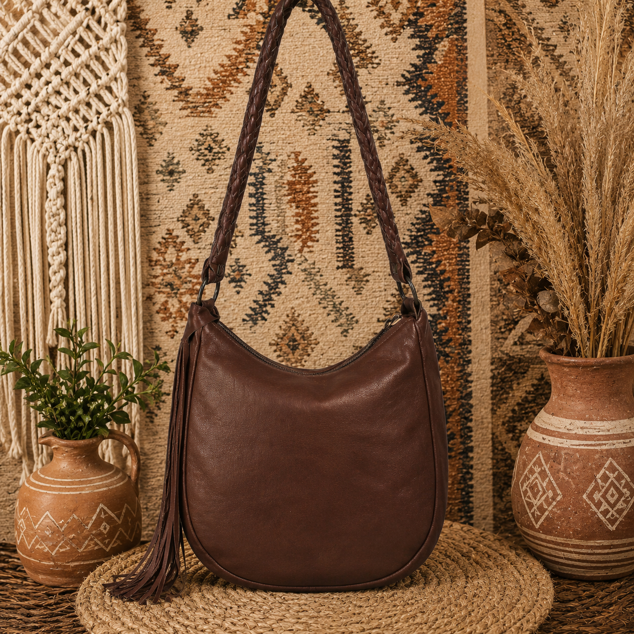 Boho Luxe: Cognac Leather Baguette Fringe Handbag