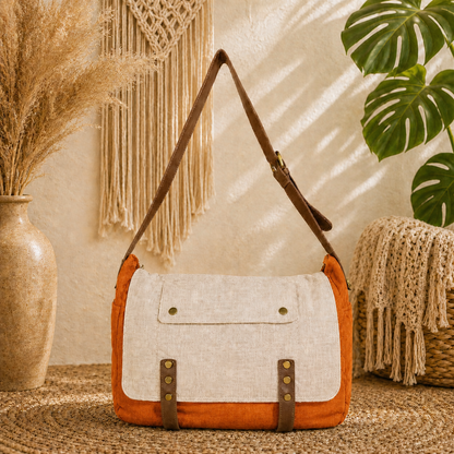 Linen Satchel Bag with Adjustable Strap