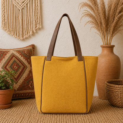 Large Linen Tote Bag with Leather Straps