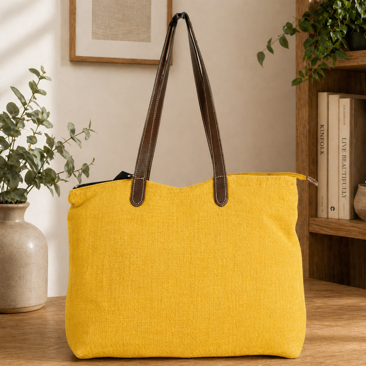 Timeless Linen Handbag with Genuine Leather Handles
