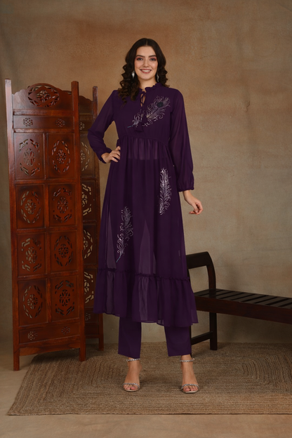 ✨ Peacock Feather Sequin Motifs Georgette Tunic & Pant Set for Women