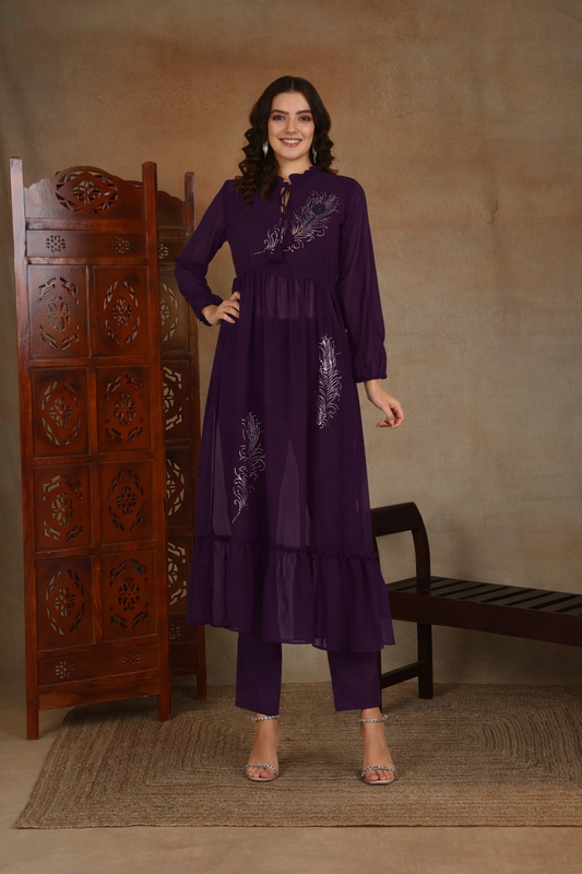 ✨ Peacock Feather Sequin Motifs Georgette Tunic & Pant Set for Women