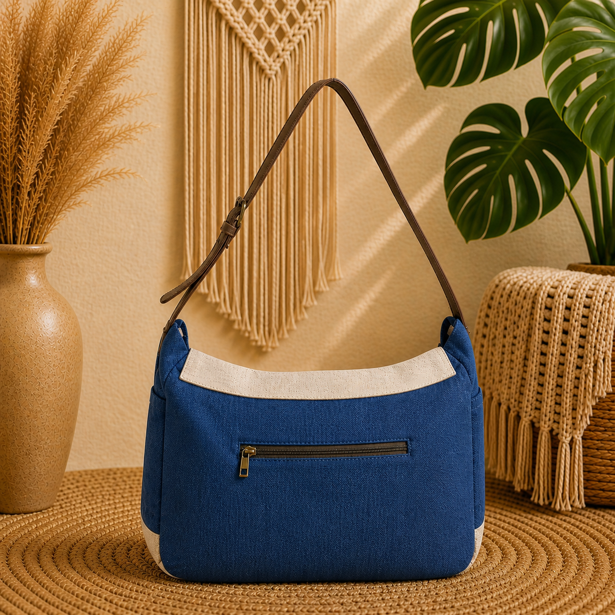 Linen Satchel Bag with Adjustable Strap
