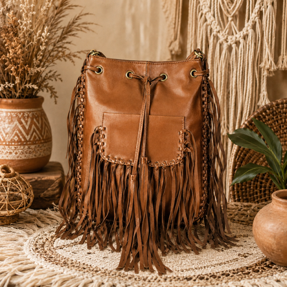 Midnight Boho Fringe Leather Bucket Bag