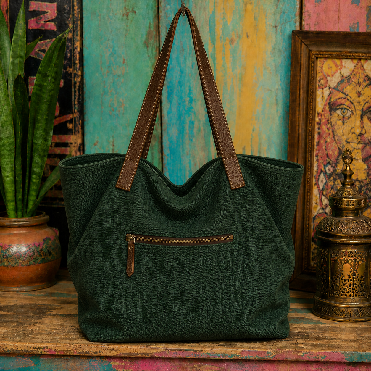 Large Linen Shoulder Tote Bag with Leather Strap