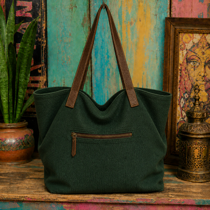 Large Linen Shoulder Tote Bag with Leather Strap