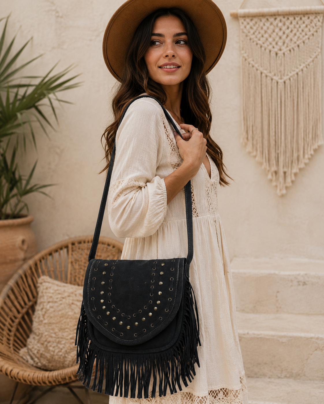 Suede Crossbody Leather Bag  with Fringes