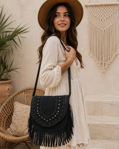 Suede Crossbody Leather Bag  with Fringes
