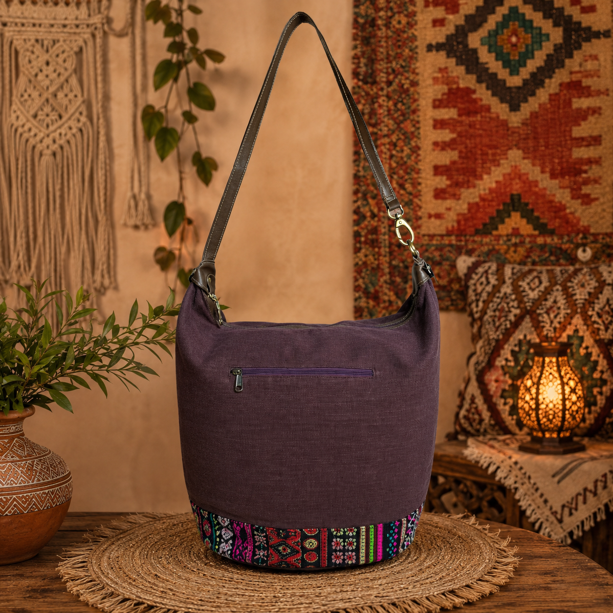 Large Linen Tote Bag with Printed Patchwork