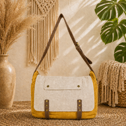 Linen Satchel Bag with Adjustable Strap