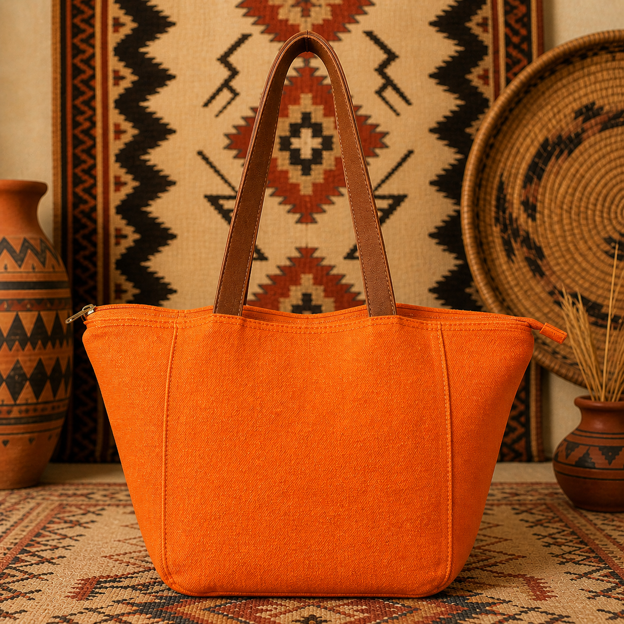 Large Linen Tote Bag with Leather Strap