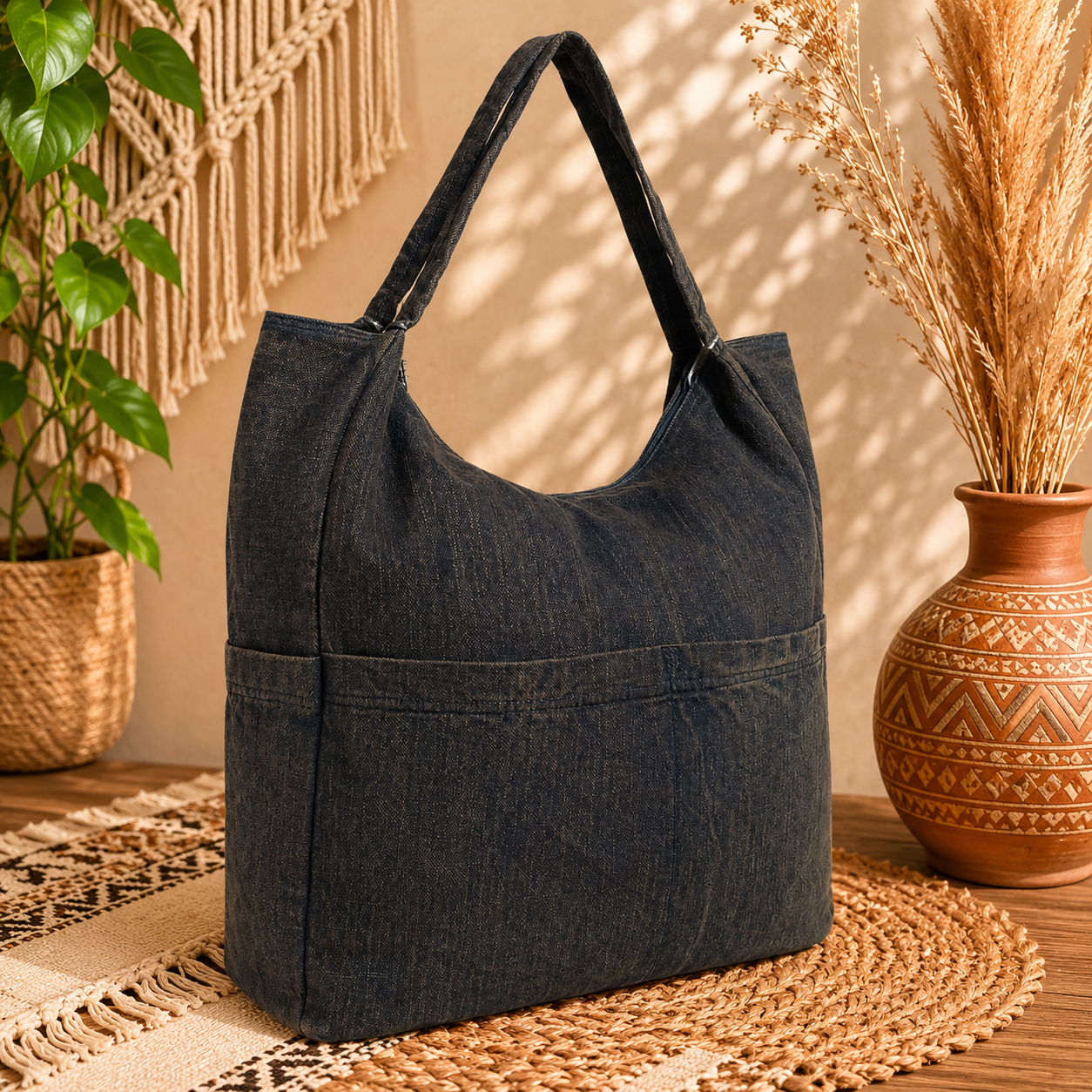 Large Linen Stone washed Shoulder Tote Bag