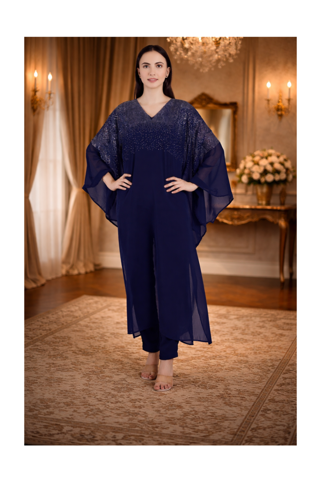 Premium Sequins Motifs Kaftan Style Top with Coordinated Pants