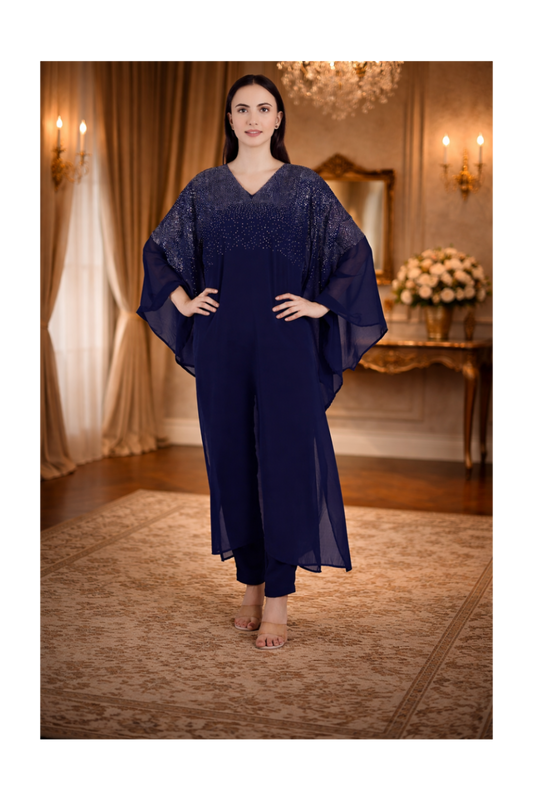 Premium Sequins Motifs Kaftan Style Top with Coordinated Pants