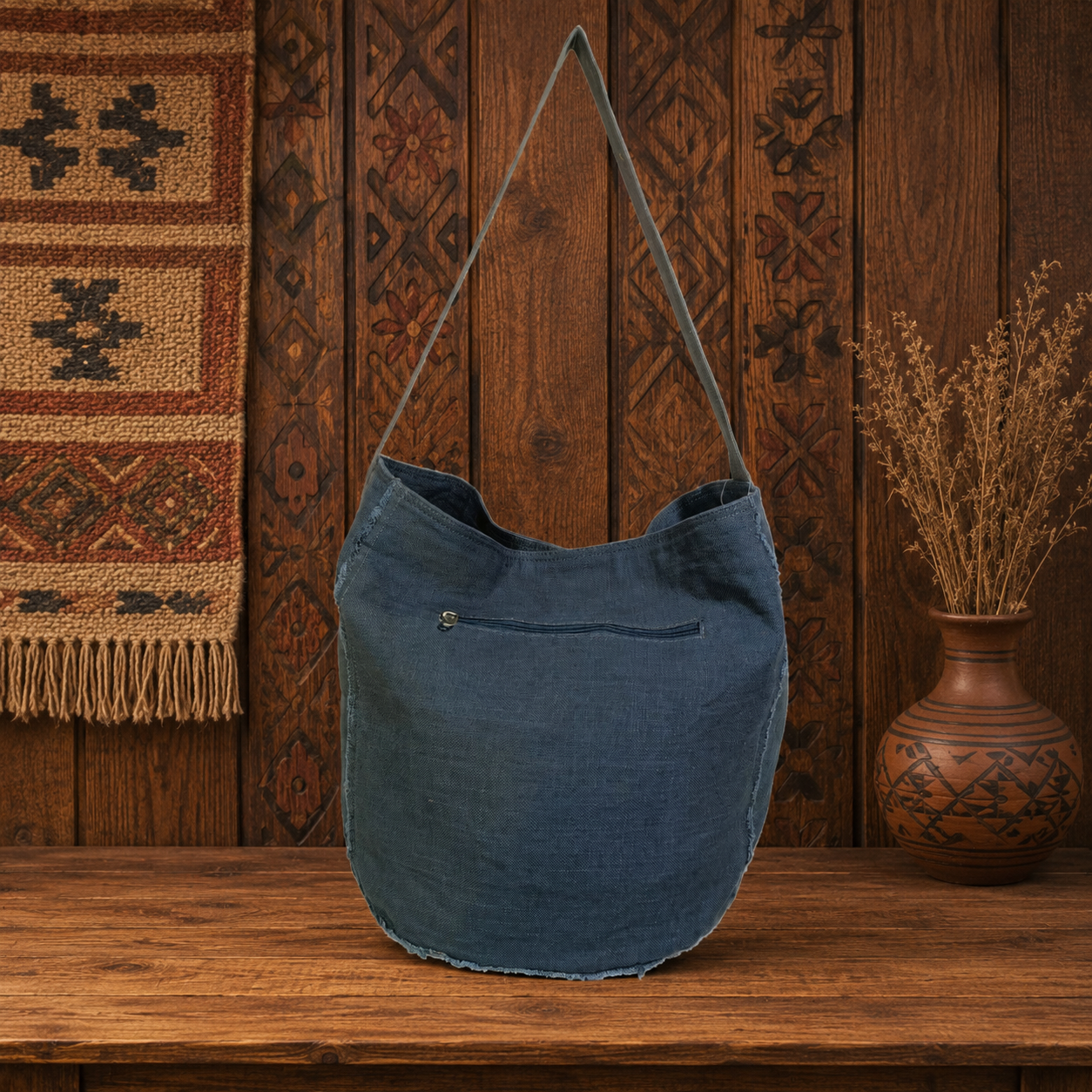 Large Linen Hobo Shoulder Bag