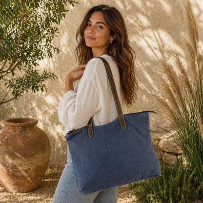 Timeless Linen Handbag with Genuine Leather Handles