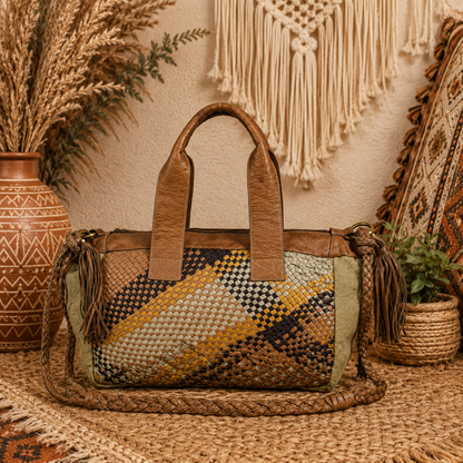 Boho Woven Leather Tote Bag – Handmade Multi-Color Patchwork Shoulder & Crossbody Bag