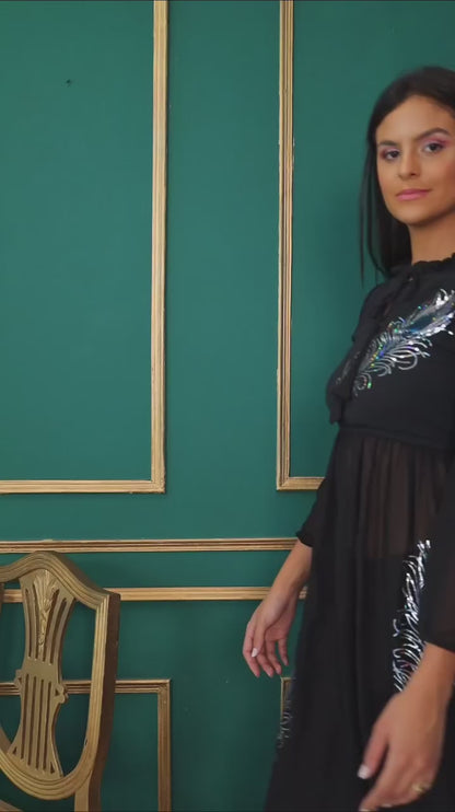 ✨ Peacock Feather Sequin Motifs Georgette Tunic & Pant Set for Women